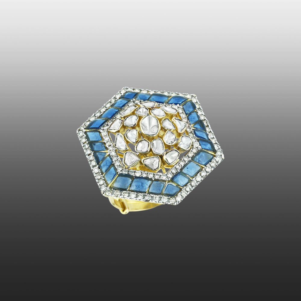 Hexagonal Polki Ring with Blue Talaf and Diamond Halo